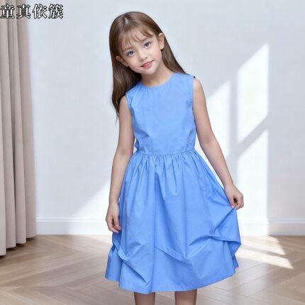女童蓝色无袖连衣裙夏季新款韩版褶皱小清新儿童圆领中长款裙子