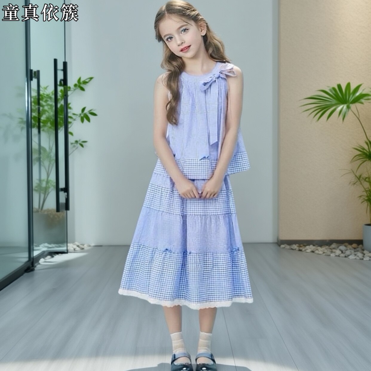 女童纯棉格子套裙两件套夏季新款韩版蝴蝶结小清新儿童背心中长裙
