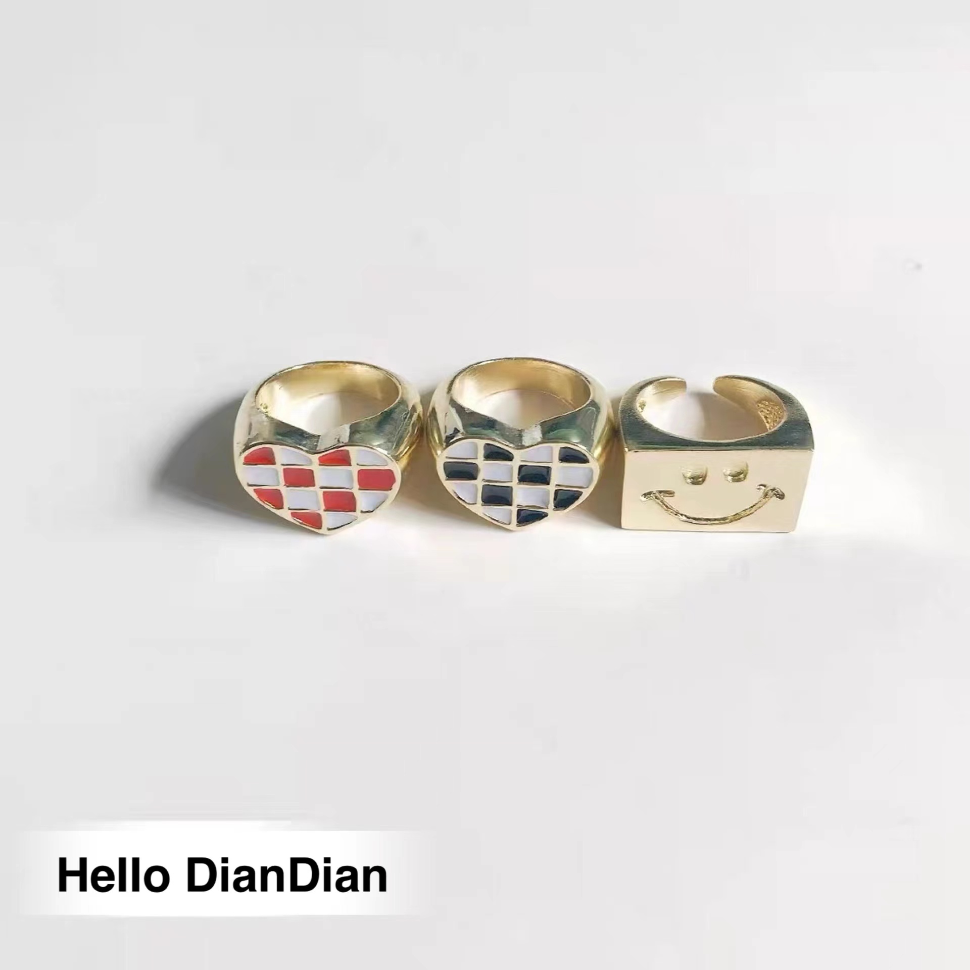 金属格子爱心笑脸方块百搭戒指