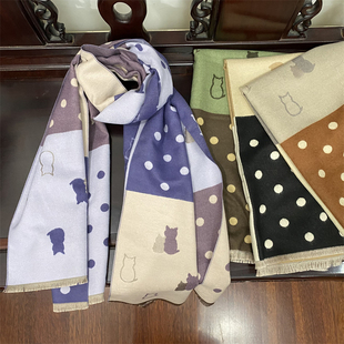 亮色圆点双面秋冬围巾女日系可爱小猫咪仿羊绒披肩男中性情侣学生