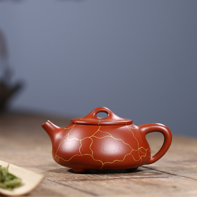 宜兴紫砂壶名家谢晓东纯全手工茶具泡茶壶原矿朱泥大红袍描金石瓢
