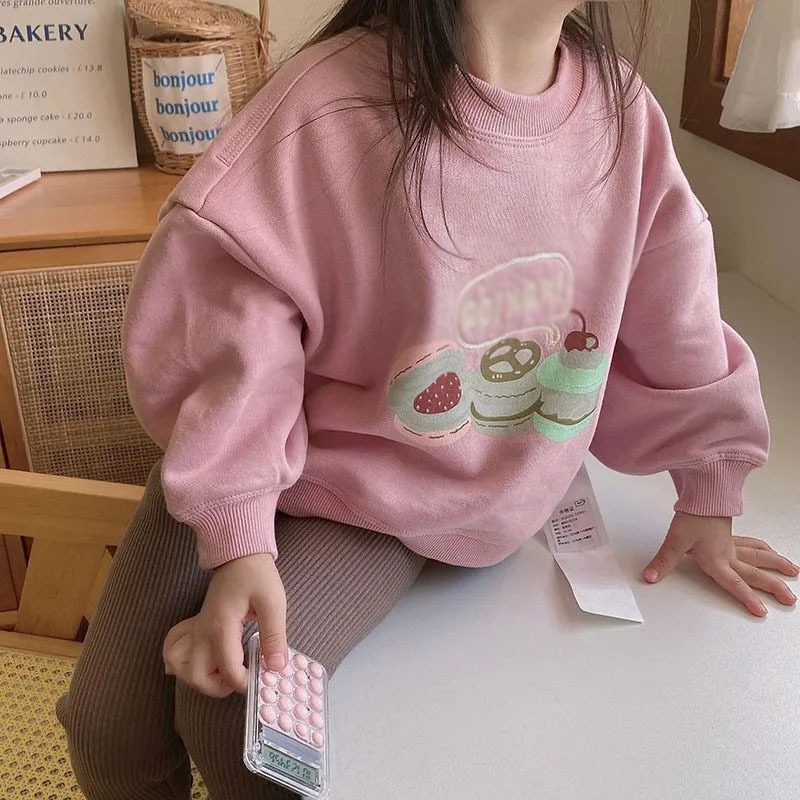 韩版童装女童粉色加厚加绒卫衣秋冬装儿童中大童洋气女孩圆领