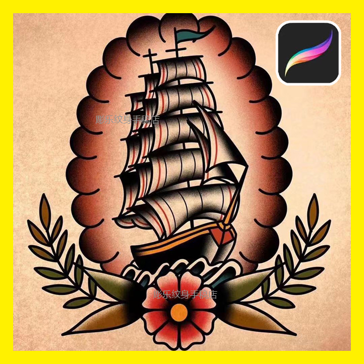 procreate纹身笔刷欧美oldschool燕子玫瑰骷髅帆船水母鲨鱼爱心图