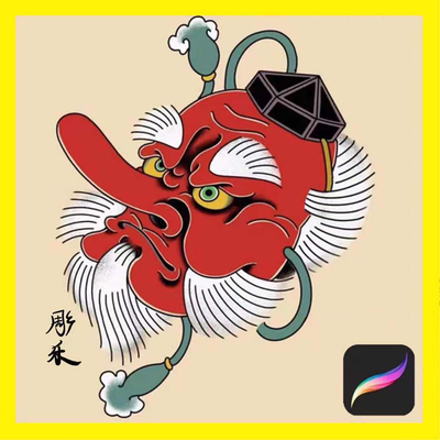 彫乐ipad procreate老传统纹身大天狗阿多福笔刷绘画软件刺青素材