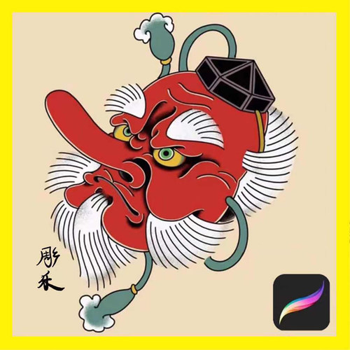 彫乐ipad procreate老传统纹身大天狗阿多福笔刷绘画软件刺青素材