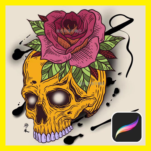 procreate笔刷欧美暗黑骷髅玫瑰花线稿纹身图案一键导入iPad素材