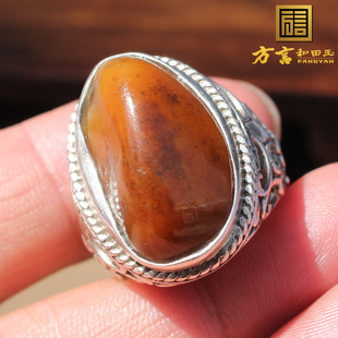 方言和田玉精品一眼真新疆金包银黄沁籽料银镶原石戒指玉石扳指A1