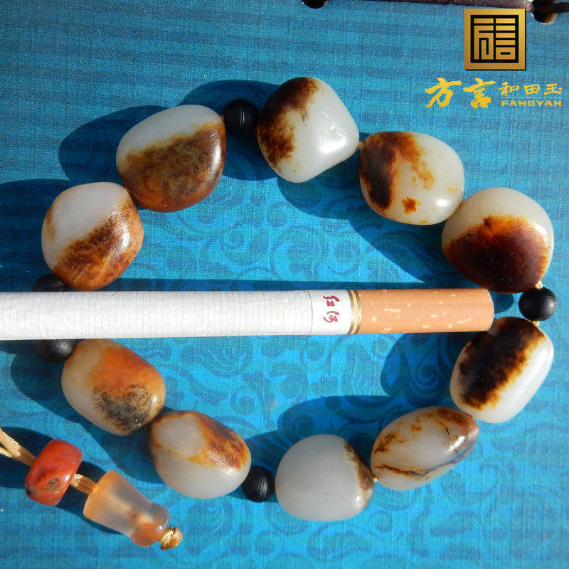 方言和田玉珍稀白色名品无修黑红皮籽料羊脂玉原石手串皮色手链F