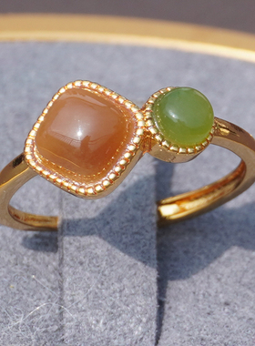 方言品牌碧玉糖玉多宝银镶玉戒指