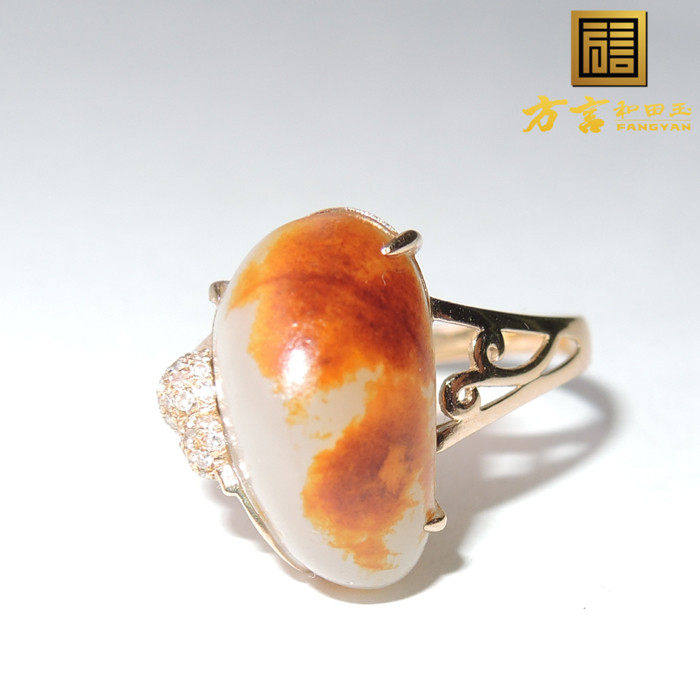 方言精品放大漏稀少聚红皮羊脂玉籽料镶真钻金镶玉女式豪华戒指R