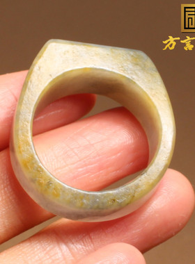 惊呆了方言和田玉精品特色新疆老熟黄沁皮青花籽料20mm戒指扳指A1