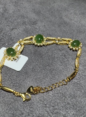 纯福利方言和田玉老坑俄罗斯辣阳绿碧玉银镶蛋面莲花珐琅手链S6