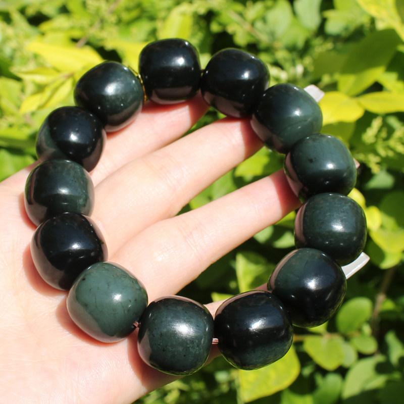 方言和田玉精品罕见新疆塔青温润细腻牛毛纹18mm老型珠手串手链a5