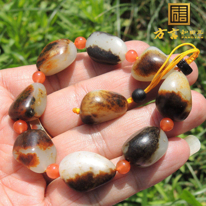 方言和田玉手链精品新疆玉龙河羊脂白玉皮色籽料手串原石diy链子F