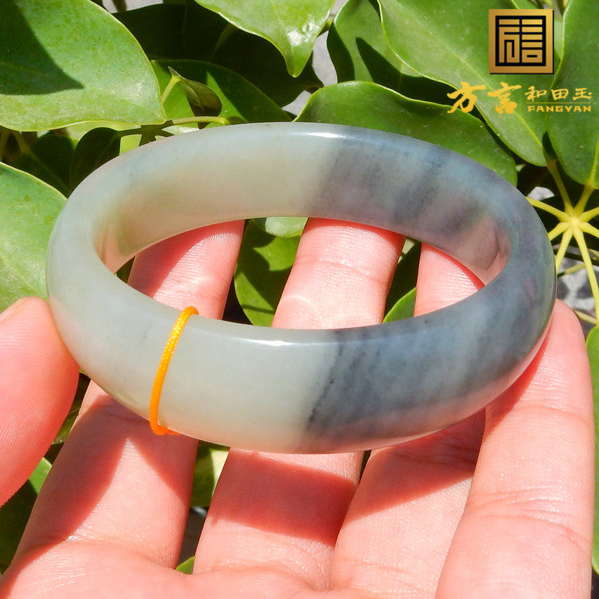 方言和田玉正品佩戴级新疆玉龙河青花籽料黑白分明内径57mm手镯w4