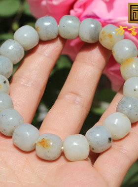 和田玉新疆黄沁皮白玉青花籽手串