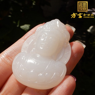 美滋滋方言精品级和田玉俄罗斯特色老料肉底羊脂白玉绿度母吊坠A2