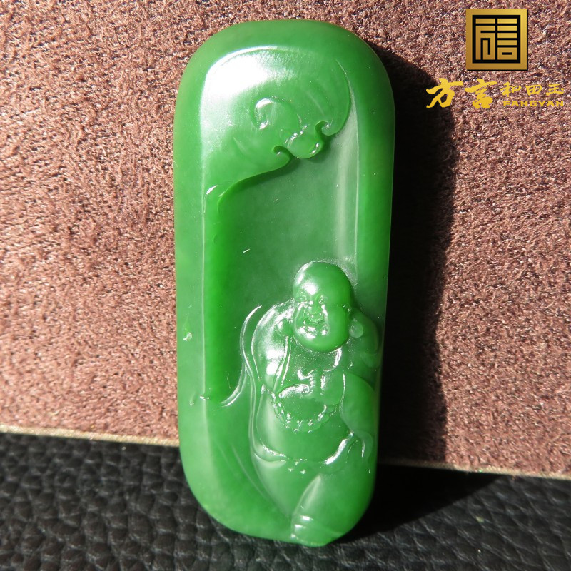 美美哒方言和田玉精品收藏级俄料老坑料碧玉辣阳绿笑佛吊坠挂件w3