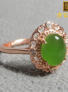爆火方言和田玉精品特惠俄罗斯碧玉冰底阳绿银镀玫瑰金戒圈戒指A5