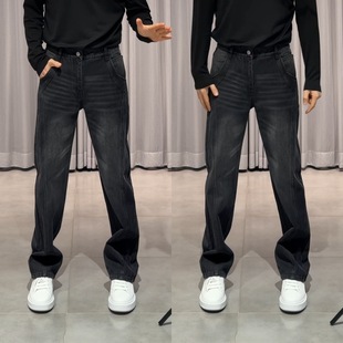 高端轻奢黑色无弹力丹尼阔腿牛仔裤冬季新款男士简约直筒休闲长裤