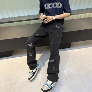 【飘逸】做旧秋冬美式休闲风男刺绣牛仔裤宽松男士潮流弹力高街复