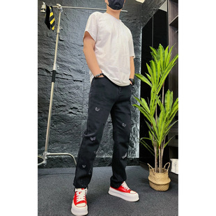 【飘逸】做旧秋冬美式休闲风男刺绣牛仔裤宽松男士潮流弹力高街复