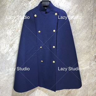 全新现货Pierre Balmain PB巴尔曼 金扣 羊毛蓝色斗篷 披风