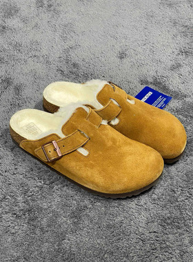 大脸猫现货Birkenstock勃肯Boston毛绒翻毛皮棕色半包拖鞋1001141