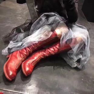 LS现货Guidi 酒红色正面拉链牛皮实木底高筒厚底女士皮靴长靴PL3
