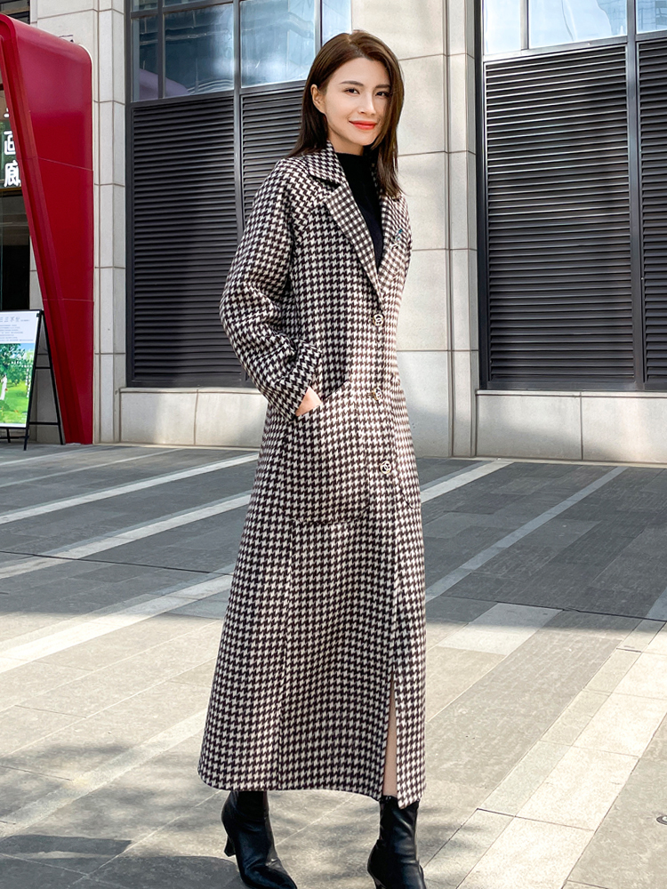 双面羊绒大衣女长款2023秋冬新款格子毛呢外套修身减龄长款大衣秋