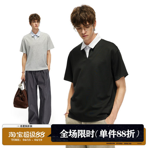 男道美式假两件学院风衬衫领短袖宽松休闲时尚个性潮牌少年感T恤