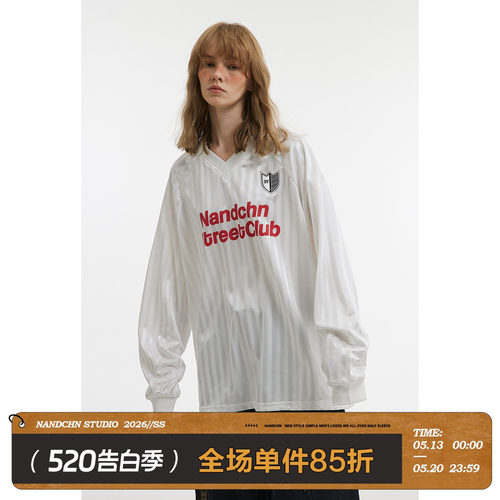 男道美式复古条纹字母印花冰感长袖速干T恤男女春秋百搭休闲短袖