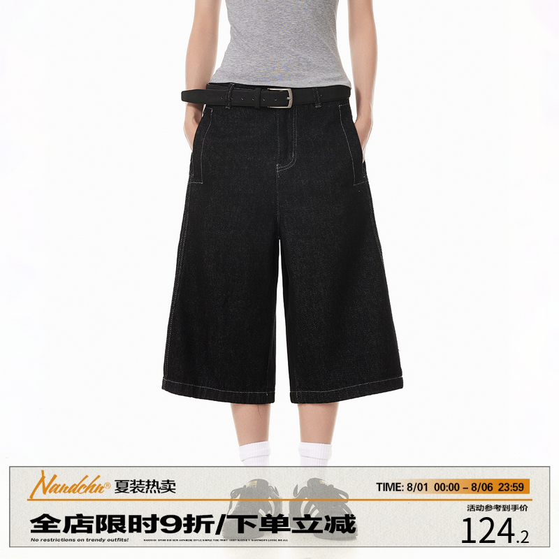 男道美式复古丹宁原色黑色牛仔七分裤男女同款宽松阔腿休闲短裤潮