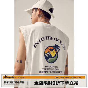 男道2023夏季 背心男潮宽松休闲学生情侣T恤上衣 背后椰树印花无袖