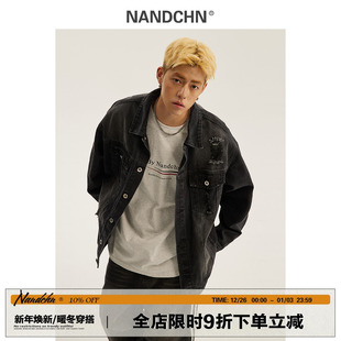 男道美式 宽松潮流痞帅破洞翻领夹克 水洗做旧牛仔外套男女生春秋季