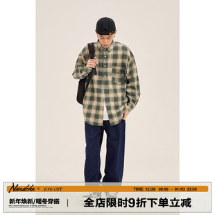 衬衫 复古格子长袖 男日系宽松bf休闲弧形下摆衬衣 新款 男道潮牌春季