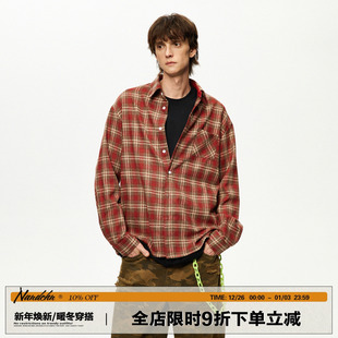 男道美式 男女宽松休闲百搭vintage慵懒外套潮 学院风磨毛格子衬衫