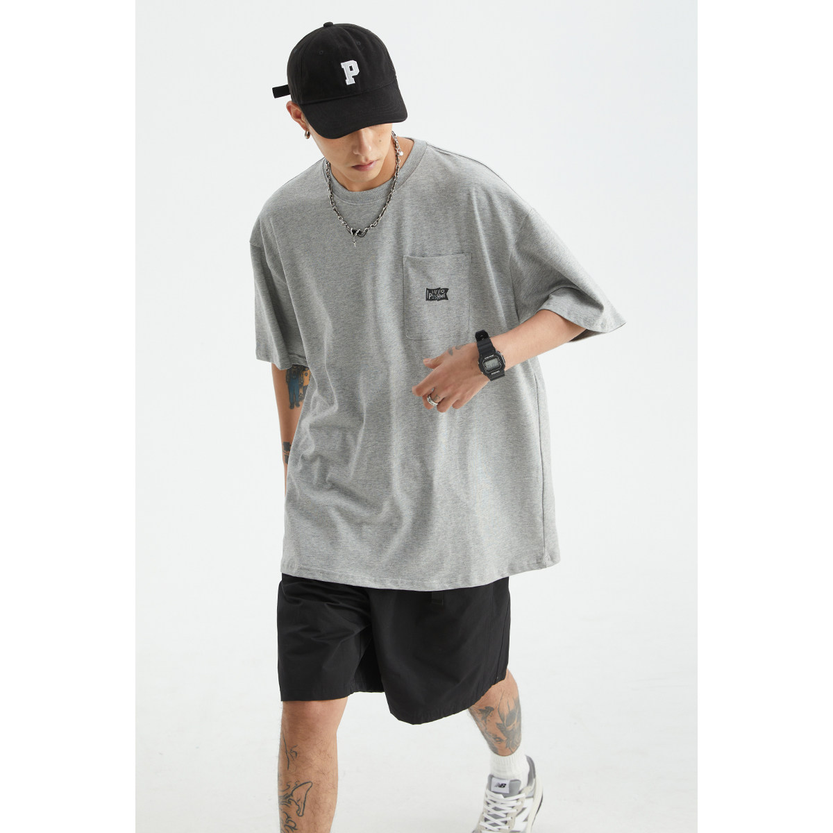 男道260G精梳棉 口袋字母印花短袖T恤男夏季日系纯色百搭半袖体恤