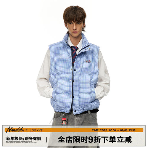男道美式复古格子纯棉马甲男2025新款秋冬季棉服夹棉情侣厚外套潮