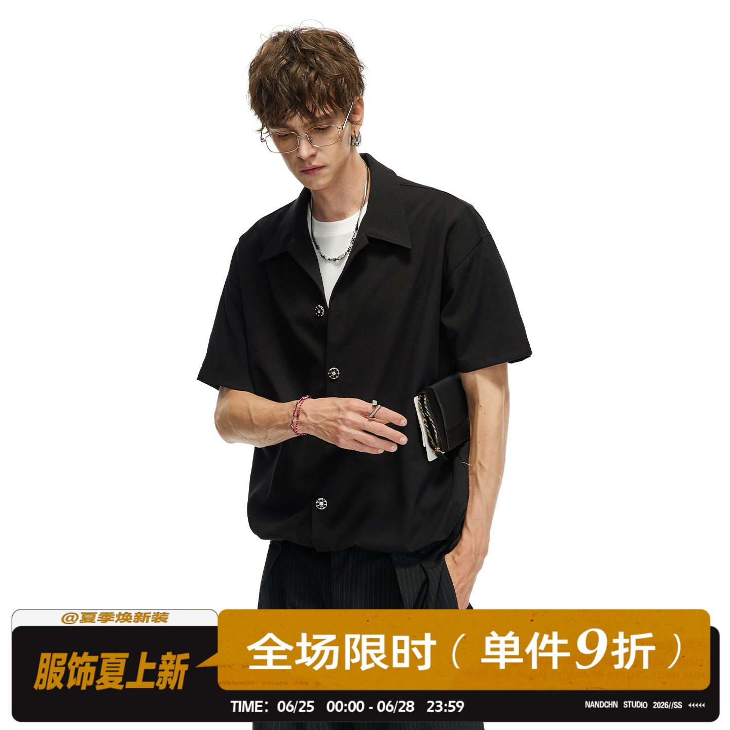 男道美式解构短袖衬衫男春夏高级感学院风时尚个性休闲高级衬衣 - 实物图