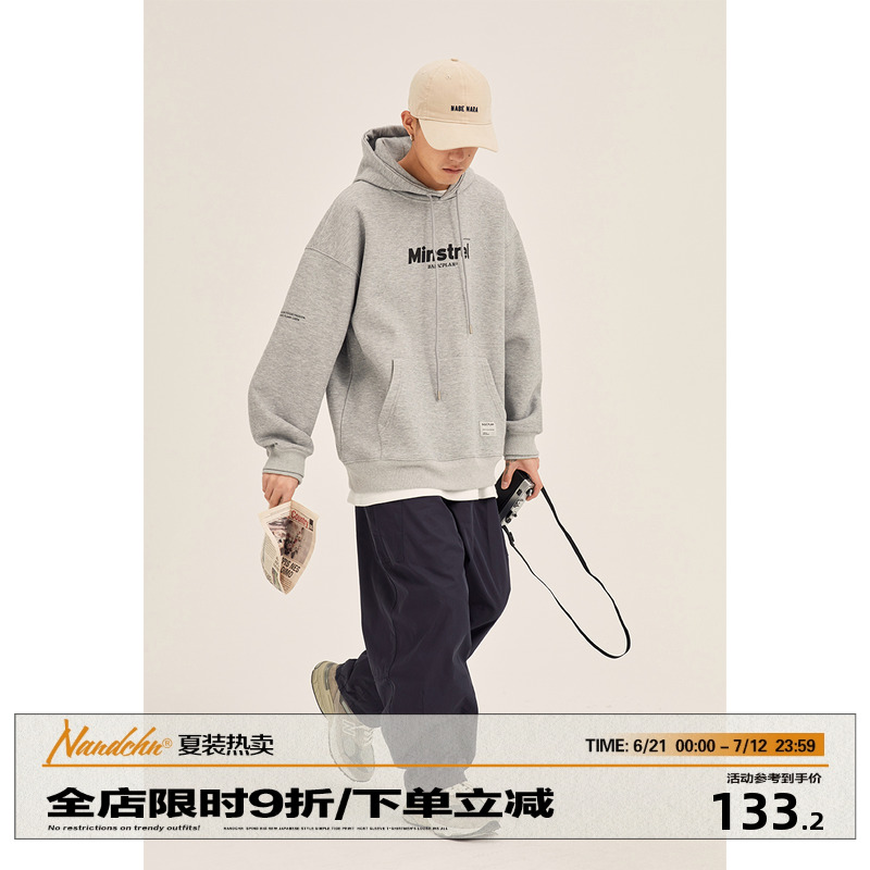 美式复古薄款连帽套头连帽卫衣