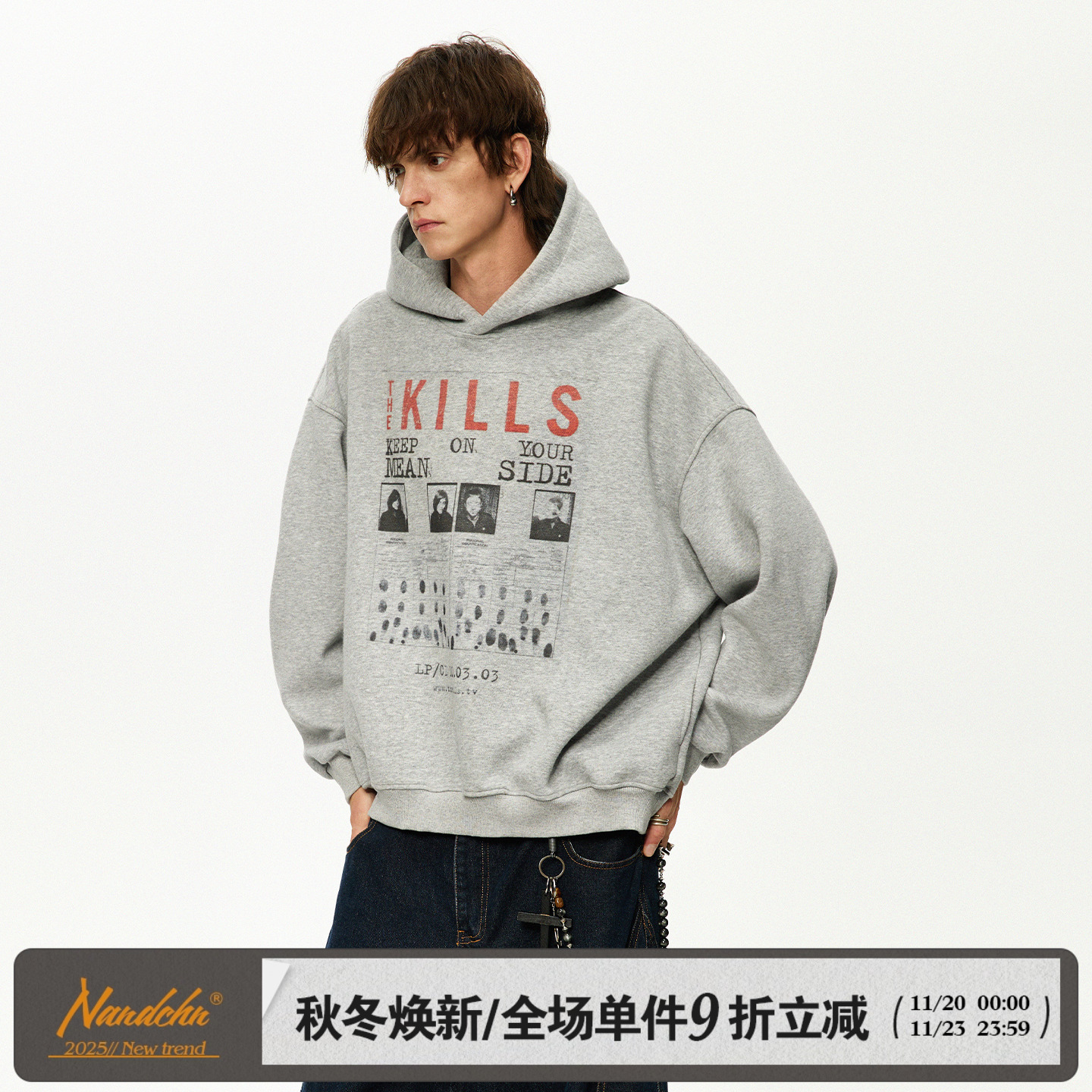 男道500G重磅美式复古字母印花连帽卫衣男女秋季新款做旧宽松上衣