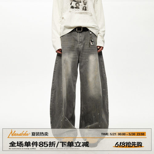 男道美式复古水洗做旧泼墨弯刀牛仔裤男女2025秋季新款宽松阔腿裤
