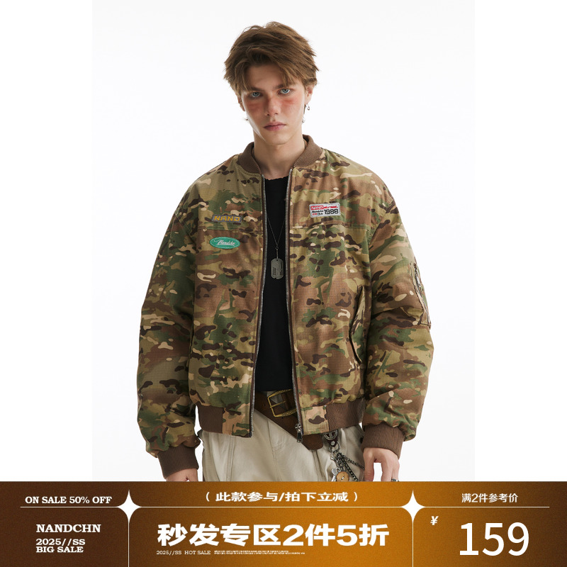 男道美式复古潮牌印花迷彩工装棉衣外套男女冬季加厚夹棉棉服外套