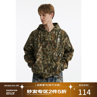 男道24早秋新款 复古高街嘻哈迷彩树叶纹宽松连帽夹克中性外套 美式