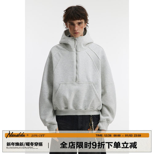 男道美式潮牌重磅500G半拉链连帽卫衣男士春季短款cleanfit套头衫
