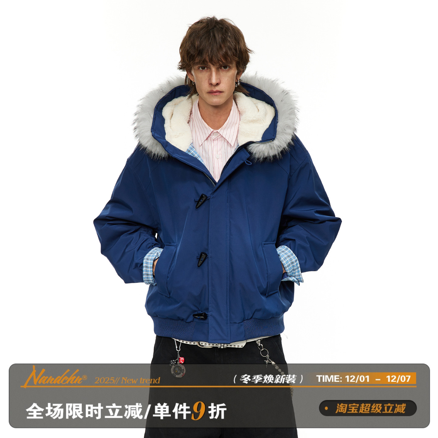 男道美式冬季毛领连帽派克服棉衣男2025新款复古情侣保暖百搭棉服