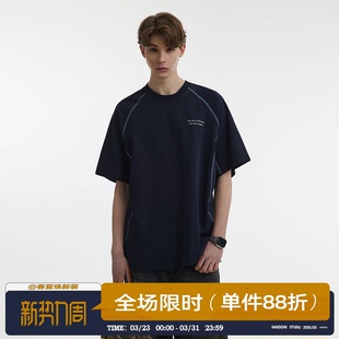 上衣 T恤男夏宽松cleanfit情侣半袖 男道280G美式 复古撞色圆领短袖