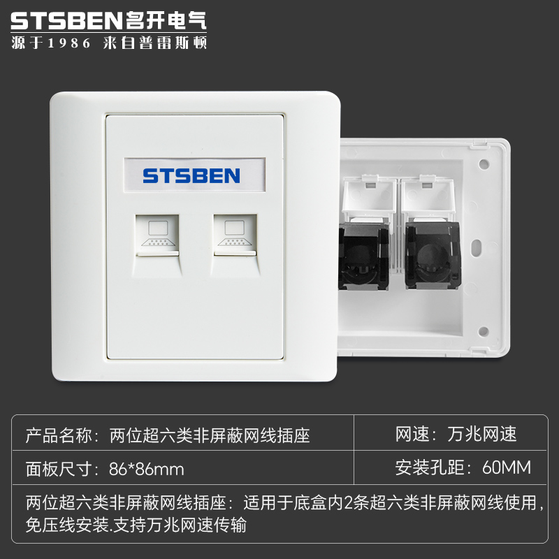 双口二两位超六类非屏蔽网线插座