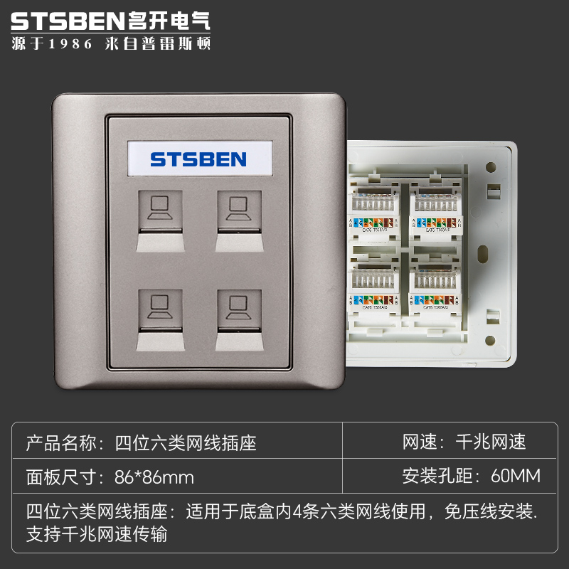 86型墙壁暗装4孔千兆网络面板CAT6电脑宽带信息四位六类网线插座 电子/电工 电脑插座 原图主图